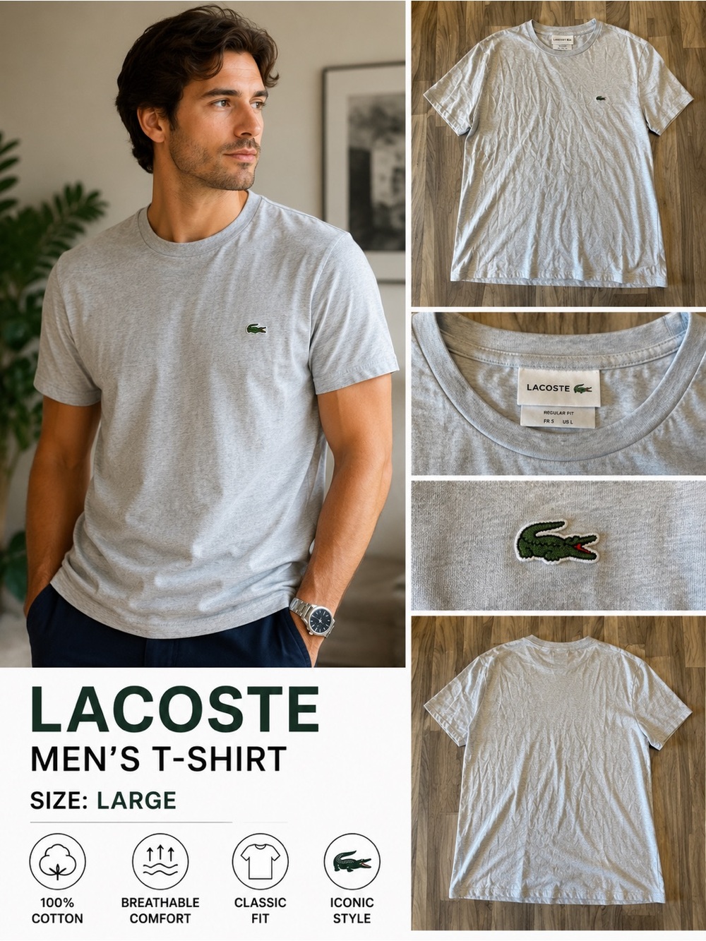 Lacoste Light Gray Short-Sleeve Crew Neck T-Shirt with Green Crocodile